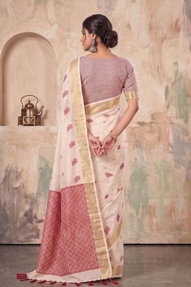 Cream Woven Linen Saree (ACA9082)