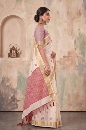 Cream Woven Linen Saree (ACA9082)