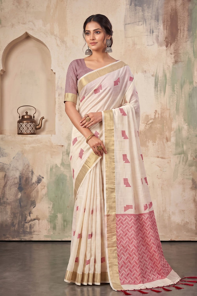 Cream Woven Linen Saree (ACA9082)