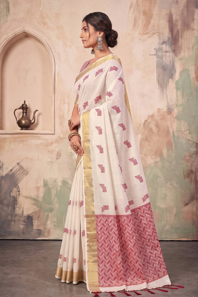 White Woven Linen Saree (ACA9087)