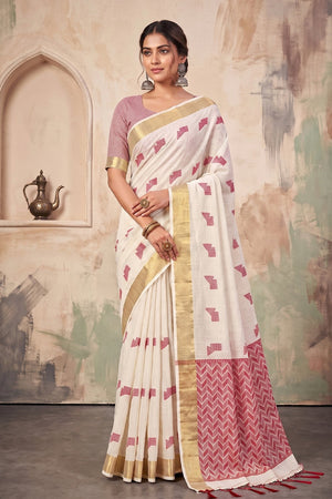 White Woven Linen Saree (ACA9087)