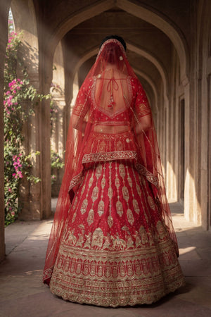 Red Embroidered Silk Lehenga (ACA9089)