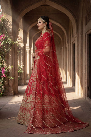Red Embroidered Silk Lehenga (ACA9089)