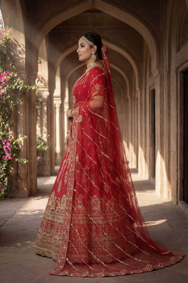 Red Embroidered Silk Lehenga (ACA9089)