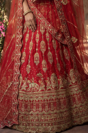 Red Embroidered Silk Lehenga (ACA9089)