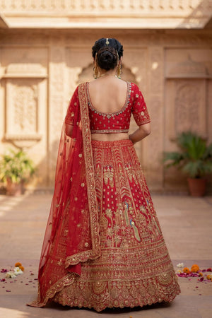 Red Embroidered Silk Lehenga (ACA9090)
