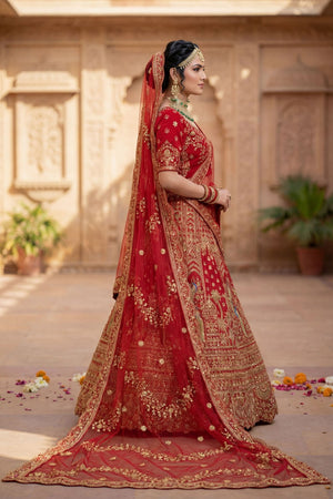 Red Embroidered Silk Lehenga (ACA9090)