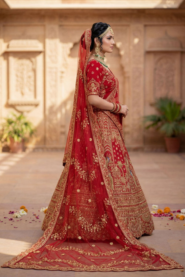 Red Embroidered Silk Lehenga (ACA9090)