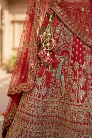 Red Embroidered Silk Lehenga (ACA9090)