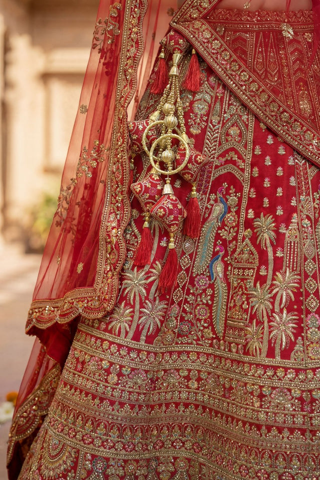 Red Embroidered Silk Lehenga (ACA9090)