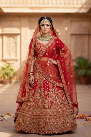 Red Embroidered Silk Lehenga (ACA9090)