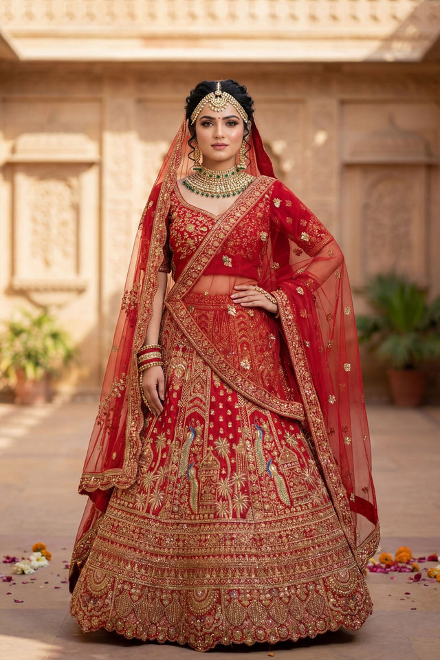 Red Embroidered Silk Lehenga (ACA9090)