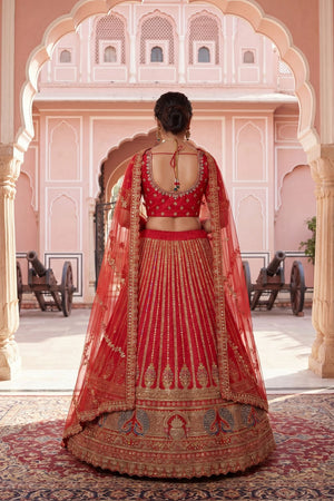 Red Embroidered Silk Lehenga (ACA9092)