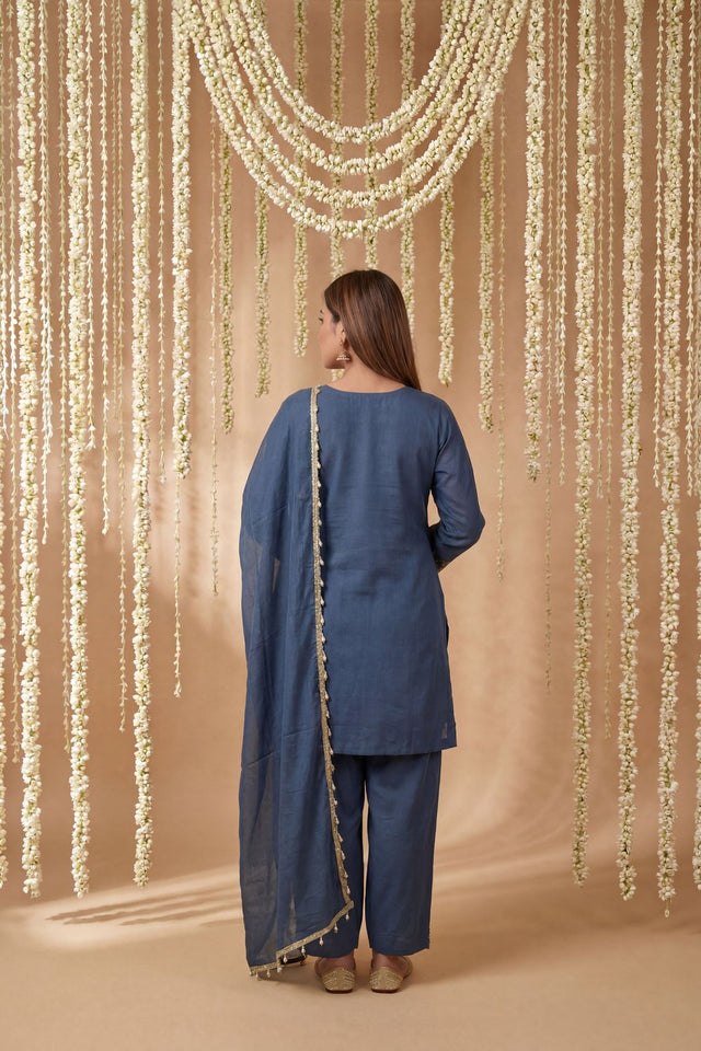 Blue Floral Embroidered Tissue Straight Cut Suit (ACA9093)