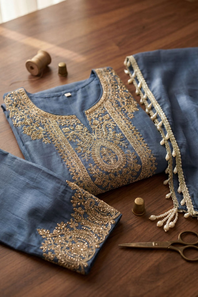 Blue Floral Embroidered Tissue Straight Cut Suit (ACA9093)