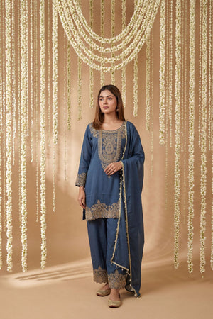 Blue Floral Embroidered Tissue Straight Cut Suit (ACA9093)