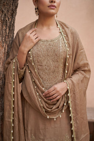 Beige Floral Embroidered Tissue Straight Cut Suit (ACA9094)