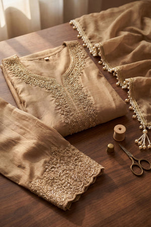 Beige Floral Embroidered Tissue Straight Cut Suit (ACA9094)