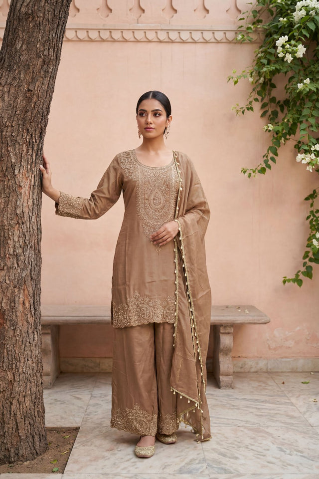 Beige Floral Embroidered Tissue Straight Cut Suit (ACA9094)