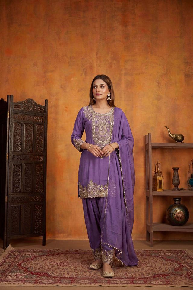 Lavender Floral Embroidered Tissue Straight Cut Suit (ACA9095)