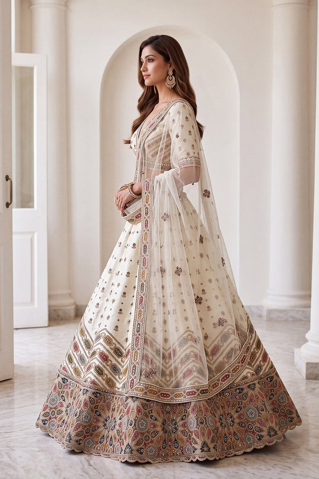 White Embroidered Silk Lehenga (ACA9098)