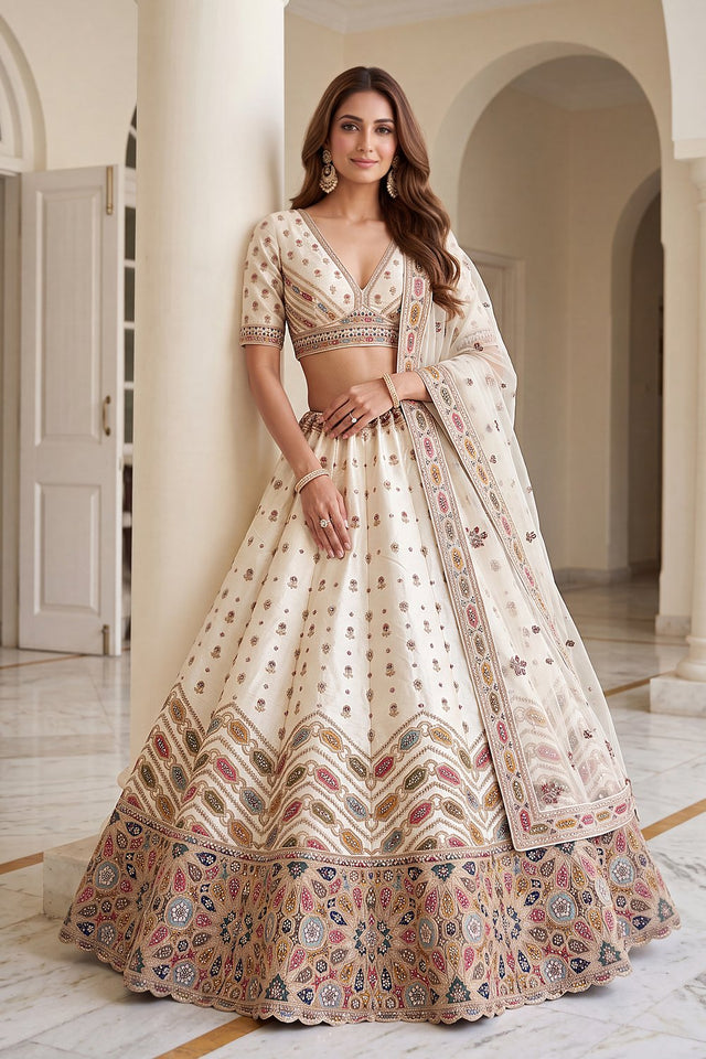 White Embroidered Silk Lehenga (ACA9098)