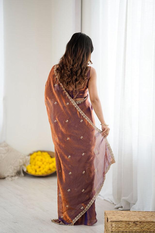 Blue Two Tone with Embroidered Satin Saree (ACA9099)