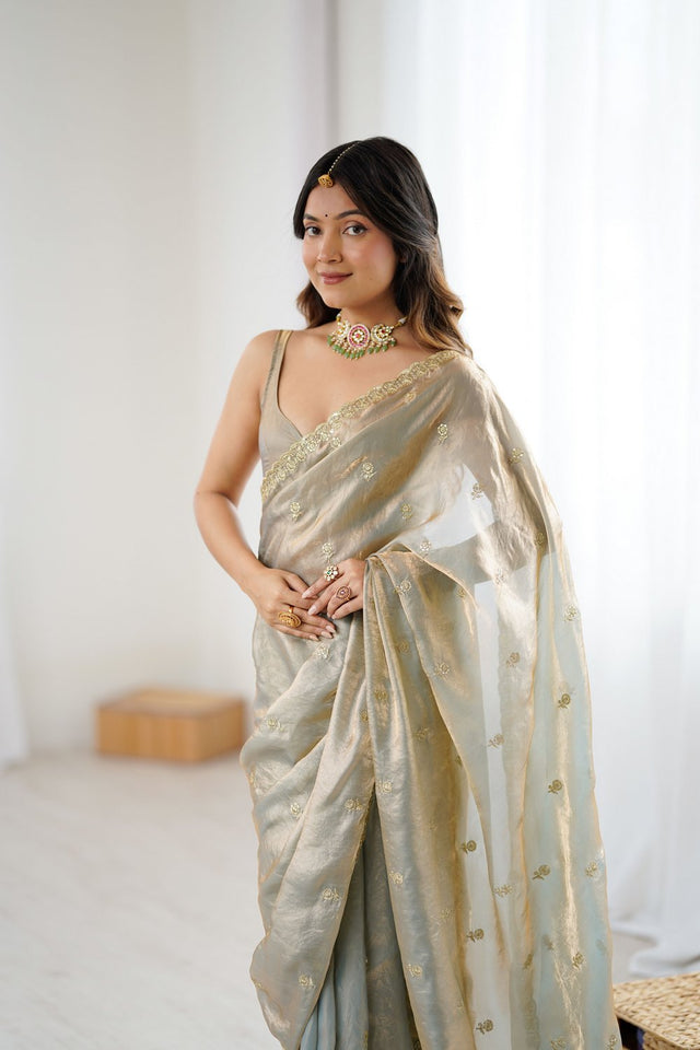 Beige Two Tone with Embroidered Satin Saree (ACA9100)