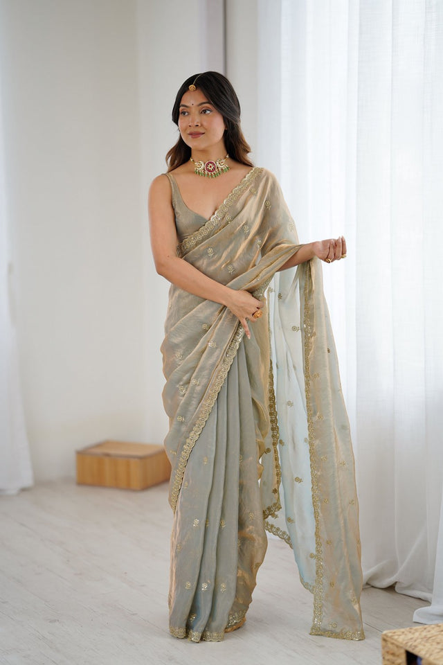 Beige Two Tone with Embroidered Satin Saree (ACA9100)