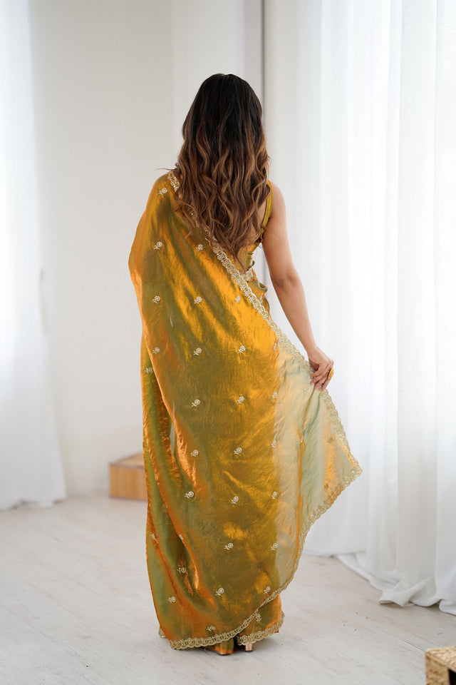 Gold Two Tone with Embroidered Satin Saree (ACA9101)