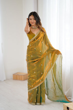 Gold Two Tone with Embroidered Satin Saree (ACA9101)
