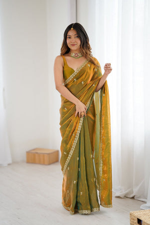 Gold Two Tone with Embroidered Satin Saree (ACA9101)