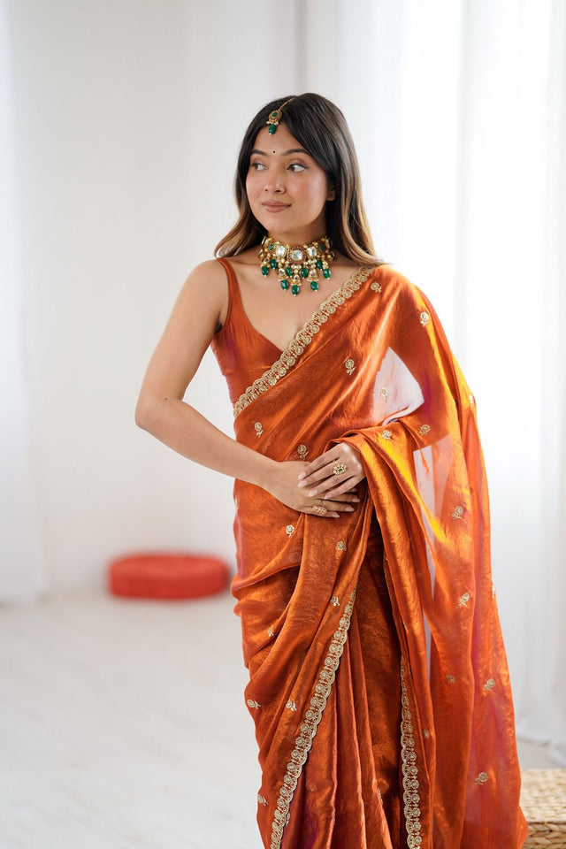 Orange Two Tone with Embroidered Satin Saree (ACA9102)