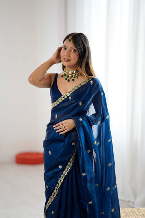 Turquoise Two Tone with Embroidered Satin Saree (ACA9104)