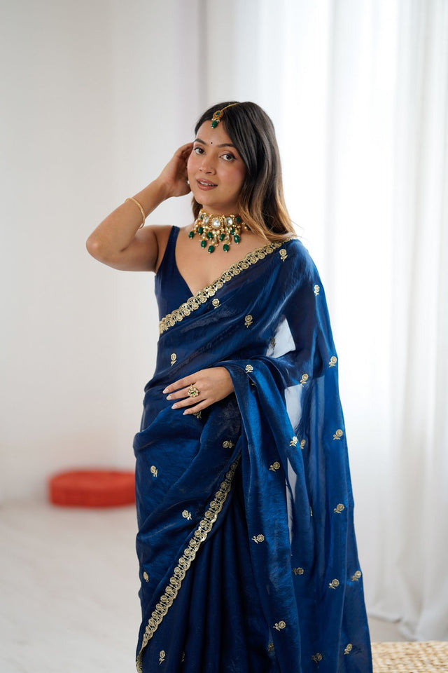 Turquoise Two Tone with Embroidered Satin Saree (ACA9104)