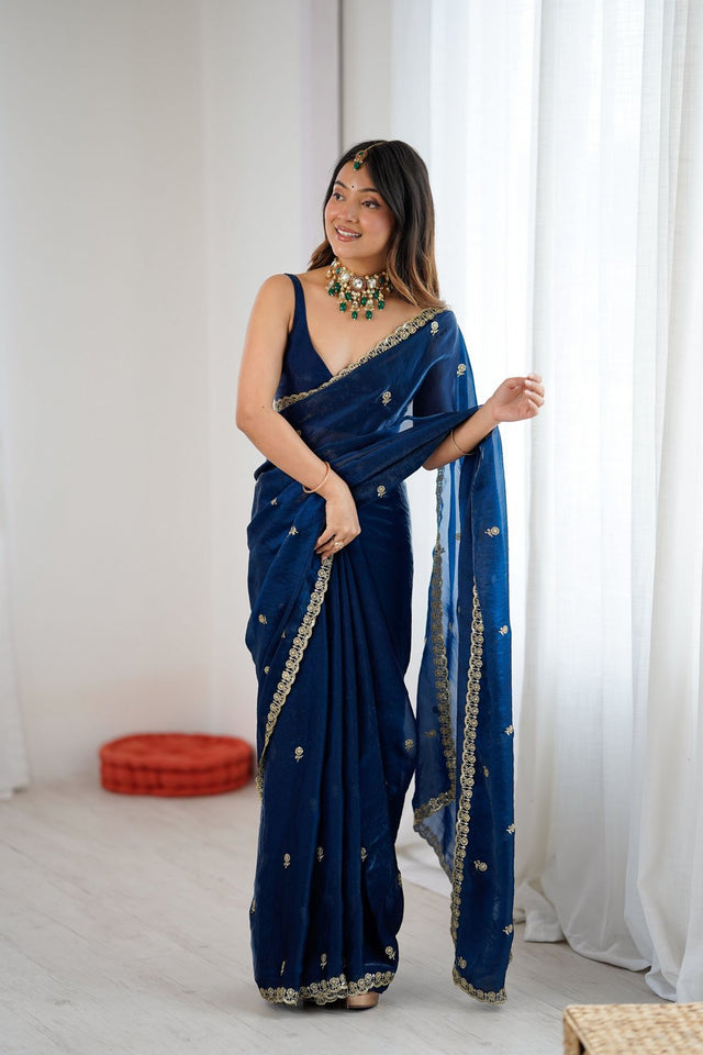 Turquoise Two Tone with Embroidered Satin Saree (ACA9104)