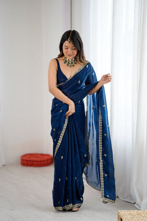 Turquoise Two Tone with Embroidered Satin Saree (ACA9104)