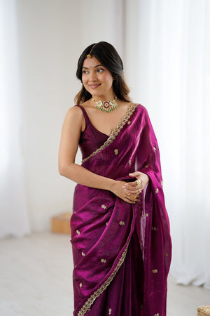 Wine Two Tone with Embroidered Satin Saree (ACA9105)