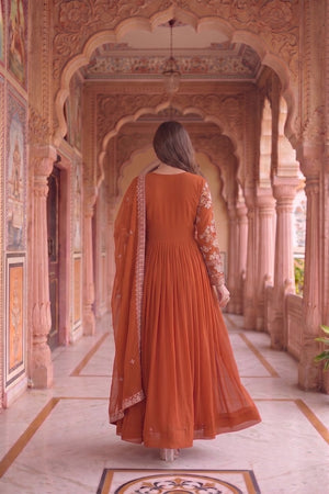 Rust Floral Embroidered Georgette Gown (ACA9107)