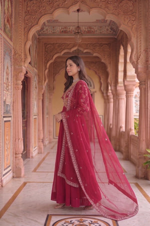 Red Floral Embroidered Georgette Gown (ACA9108)