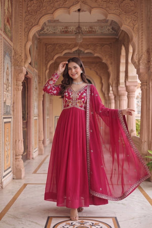 Red Floral Embroidered Georgette Gown (ACA9108)