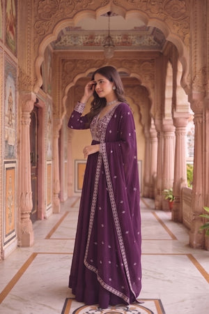 Purple Floral Embroidered Georgette Gown (ACA9109)
