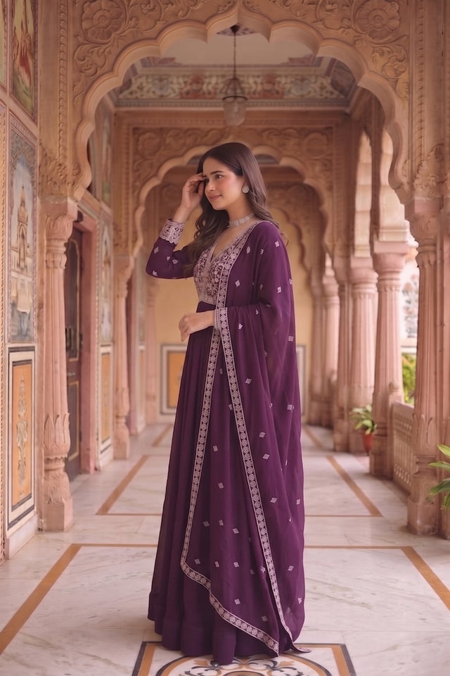 Purple Floral Embroidered Georgette Gown (ACA9109)