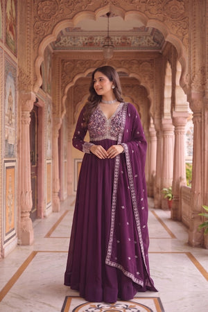 Purple Floral Embroidered Georgette Gown (ACA9109)