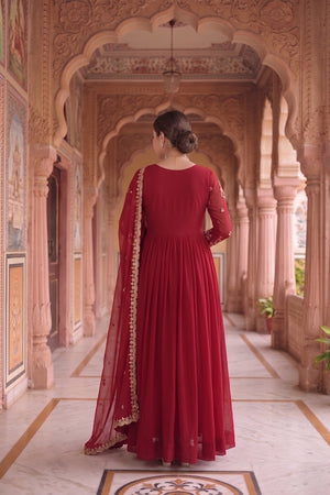 Maroon Floral Embroidered Georgette Gown (ACA9110)