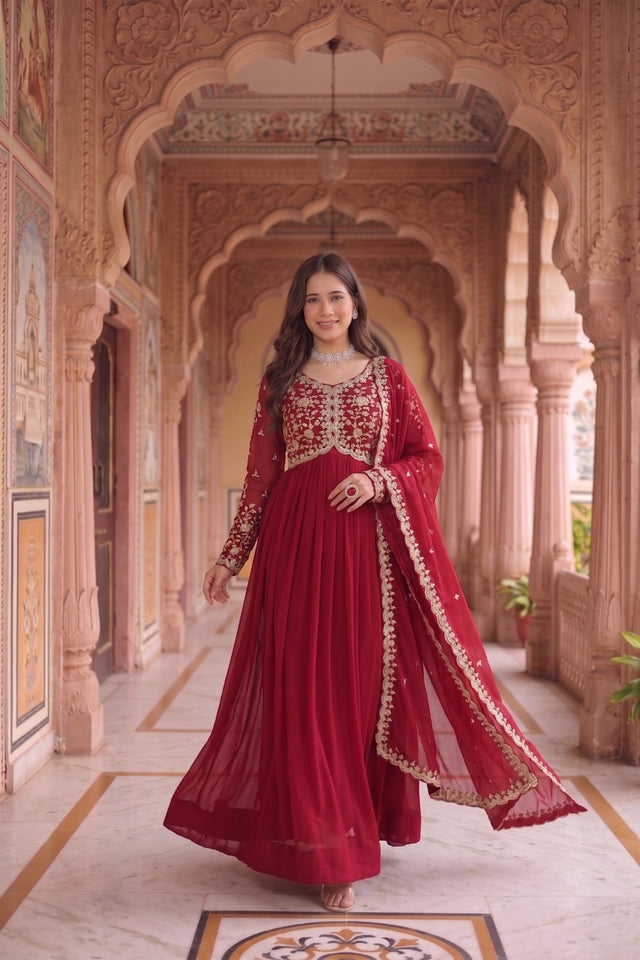 Maroon Floral Embroidered Georgette Gown (ACA9110)