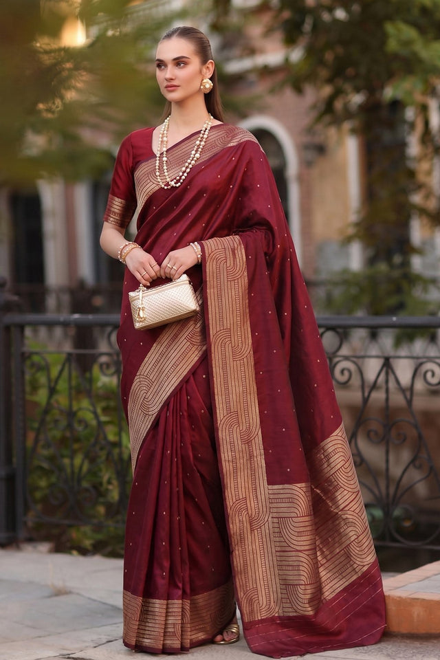 Maroon Woven Cotton Blend Saree (ACA9114)