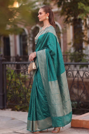 Turquoise Woven Cotton Blend Saree (ACA9116)