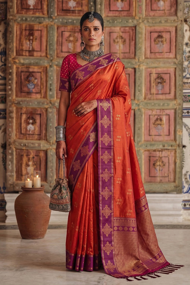 Orange Woven Soft Silk Saree (ACA9118)
