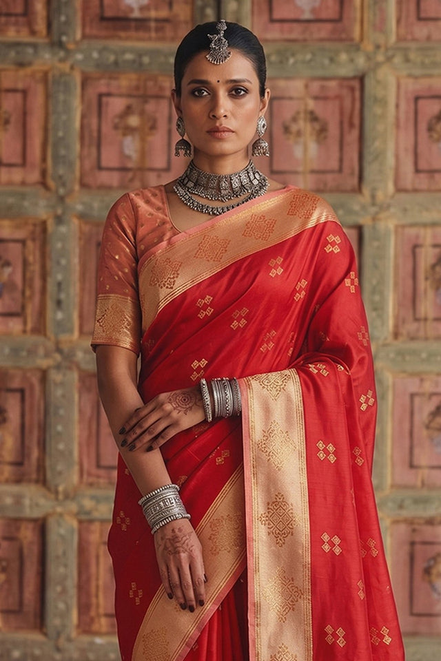 Red Woven Soft Silk Saree (ACA9120)
